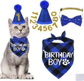 Pet Birthday Plaid Mouth Catty Scarf Glitter Hat Sequined Bow Tie Suit Number Birthday Arrangement (Option: Sapphire Blue)